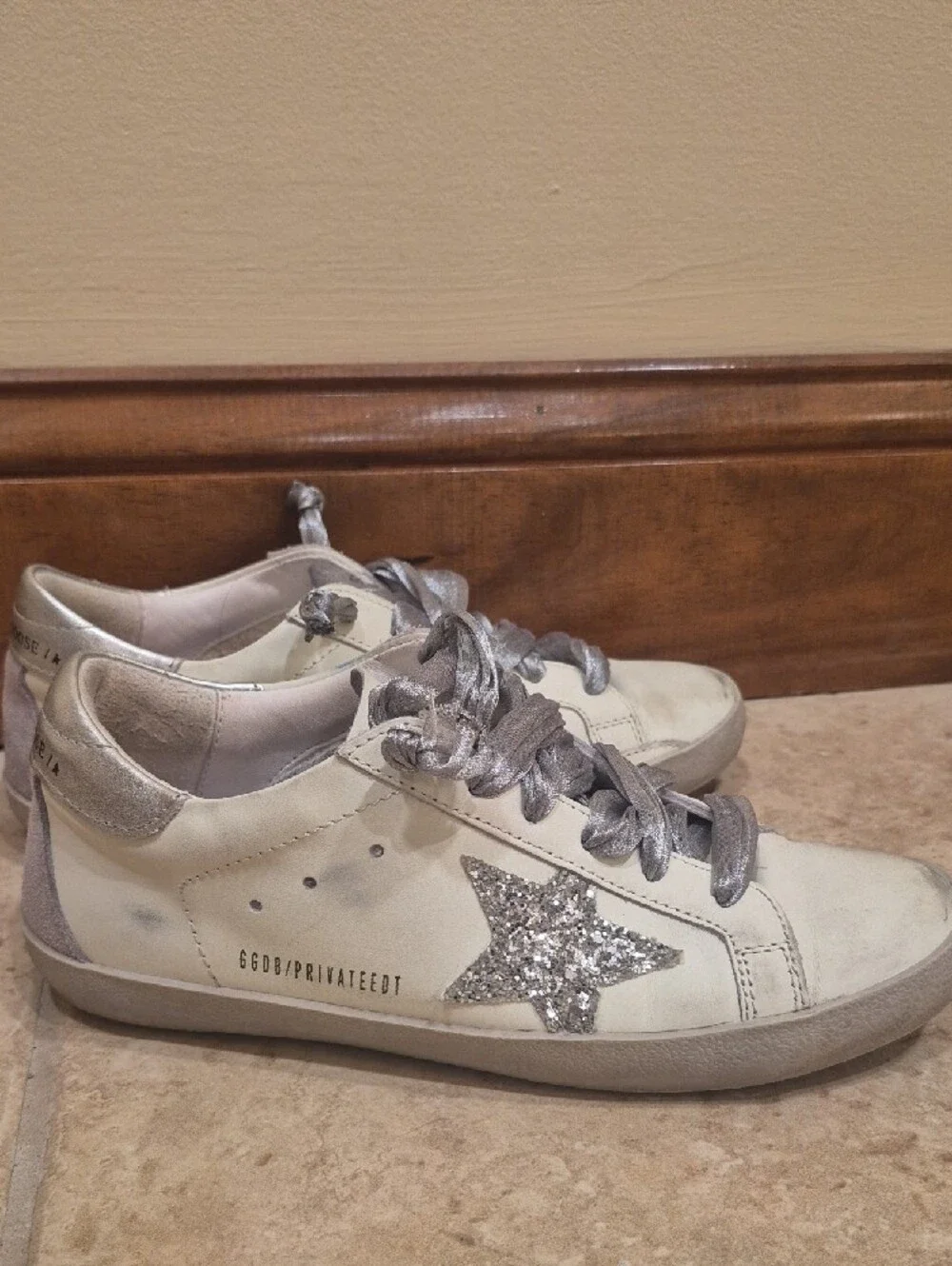 Golden Goose Cream Leather Sneakers with Silver Star & Laces